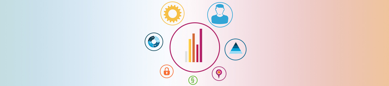 A circle with a chart in it surrounded by other circles with icons in the representing business tools.