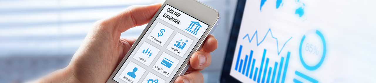 A hand holding a phone phone with an app on display that says online banking with other icons representing features.