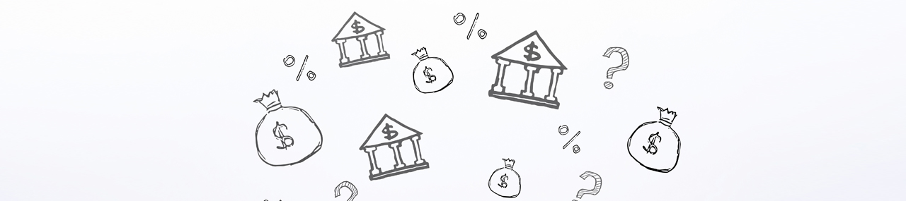 A white wallpaper with icons of banks and money bags appear falling from the top.