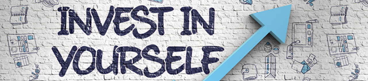 A brick wall with invest in yourself on it and an arrow pointing up and other icons surrounding it.
