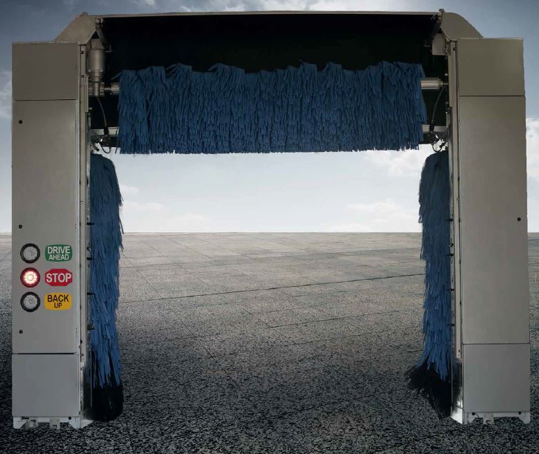 Stainless steel car wash, has 3 driving instructions with indicating lights. Has three blue brushes, one above and one on each side. The Mark VII SoftWash DF Low investment High ROI. This has the lowest operating cost rollover system in the industry, it is perfect for car dealers or retailers who don't need anything extra.
